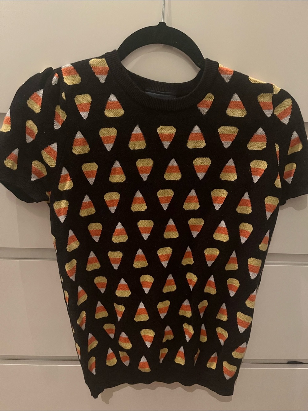 Modcloth Black Short-Sleeve Sweater with Candy Corn Print